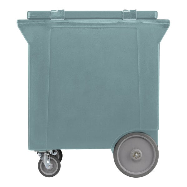 A slate blue mobile ice bin with large rear wheels and smaller front casters.