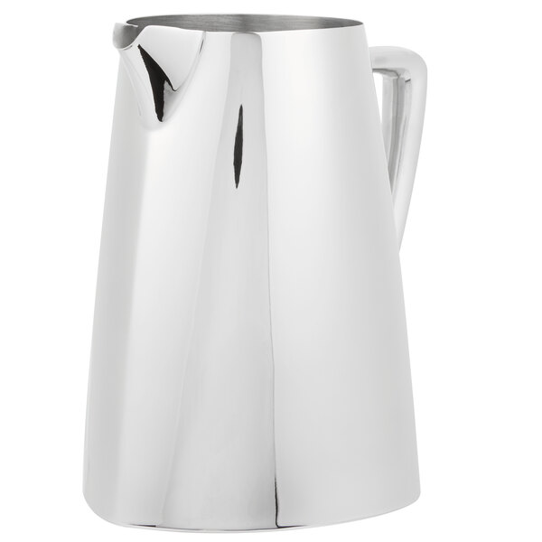 A silver stainless steel Vollrath Triennium water pitcher with a handle.