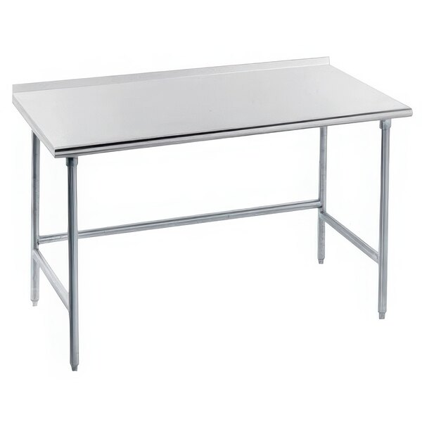 An Advance Tabco stainless steel work table with metal legs.