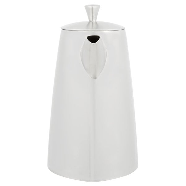 A silver stainless steel Vollrath Triennium coffee pot with a lid.
