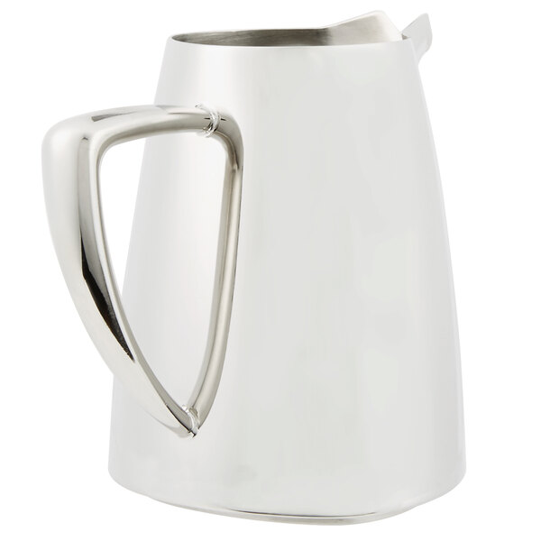 A Vollrath stainless steel open creamer with a silver handle.