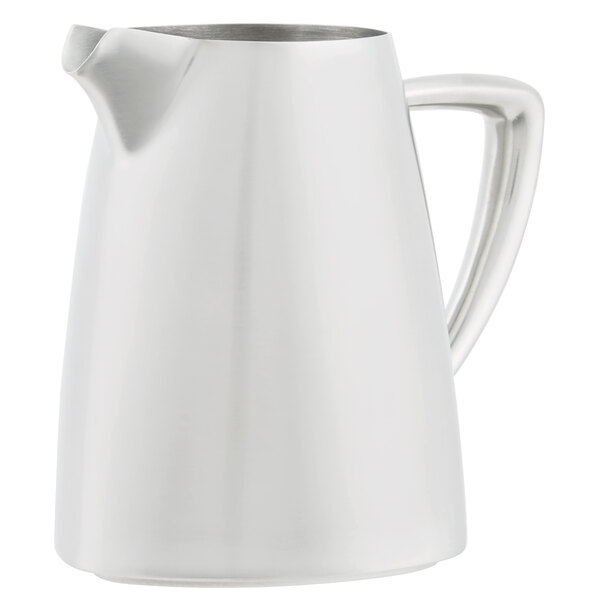 A Vollrath stainless steel creamer with a silver handle.