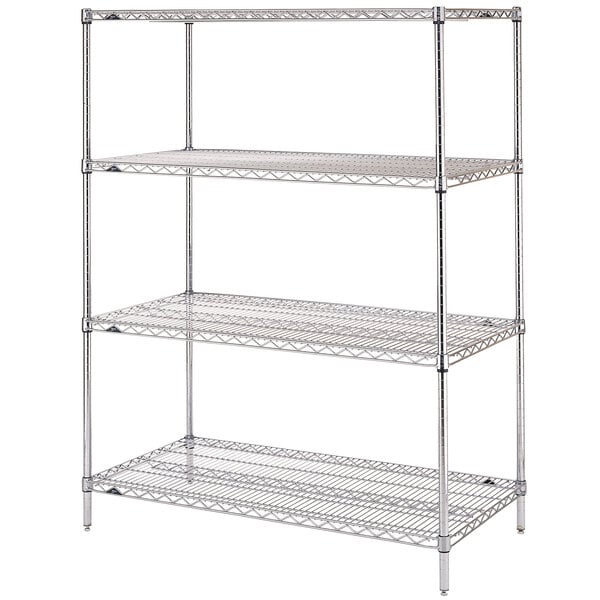 A Metro Super Erecta chrome wire shelving unit with three shelves.