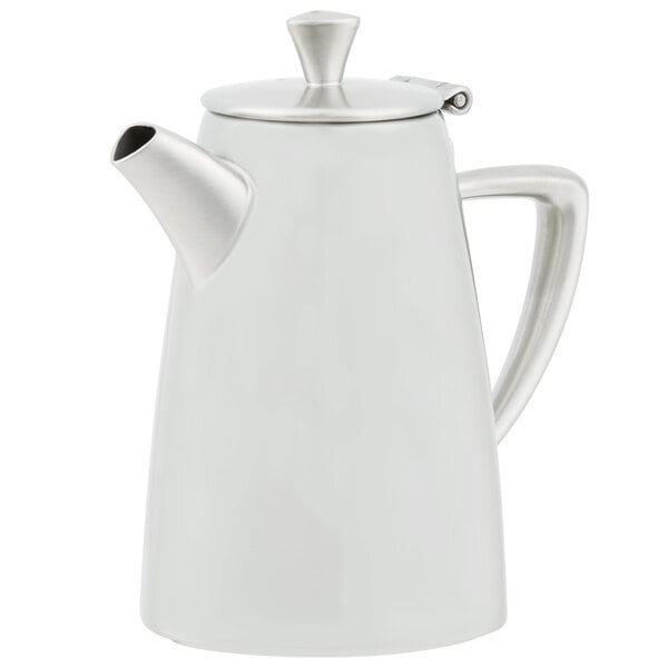 A white Vollrath Triennium stainless steel coffee pot with a lid.