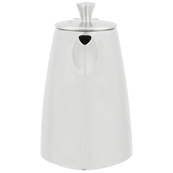 A silver coffee pot with a lid.