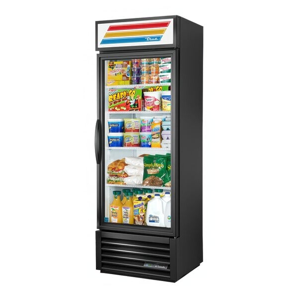 A black True refrigerated merchandiser with shelves full of food.