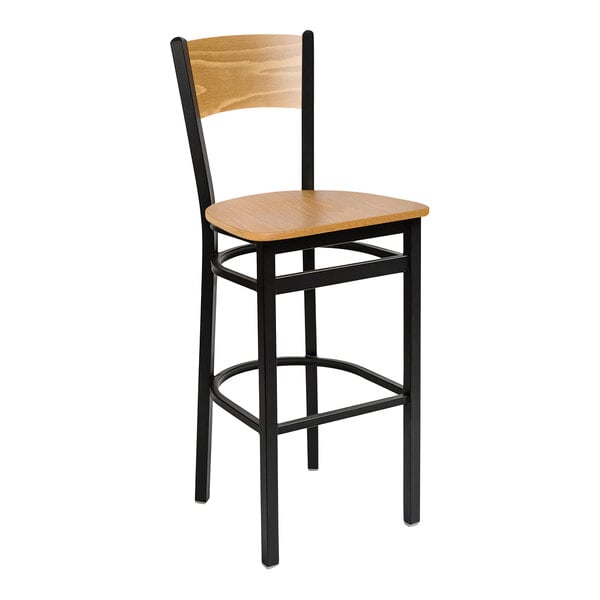 A BFM Seating black metal bar stool with a cherry wood back and seat.