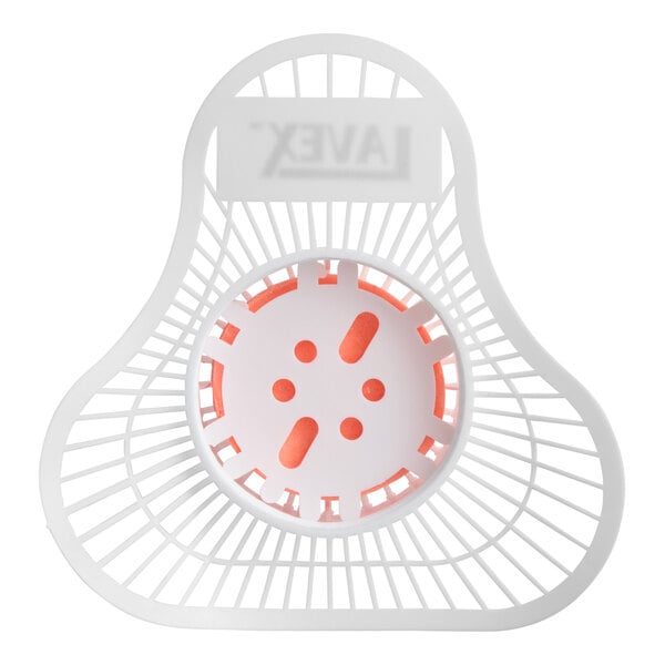 A white urinal screen with a citrus-scented block in the center.