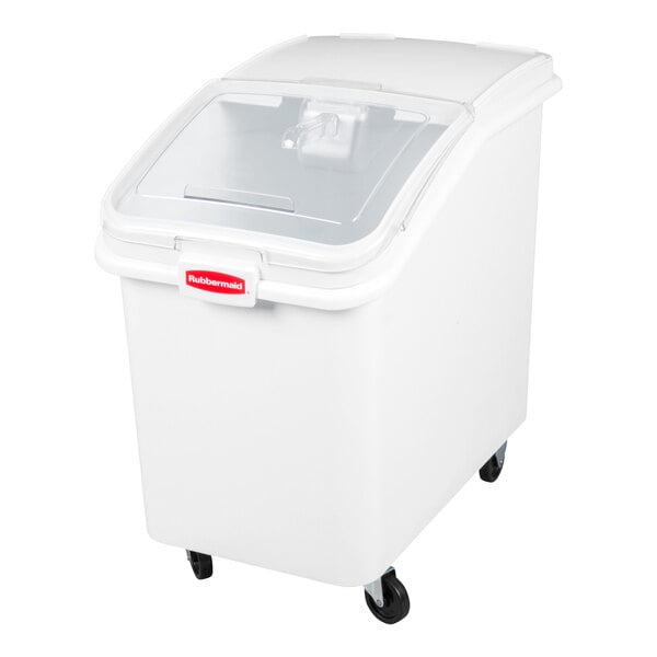 Rubbermaid® FG360388WHT ProSave 30.8 Gallon / 490 Cup White Slant Top Mobile Ingredient Storage Bin with Sliding Lid & Scoop