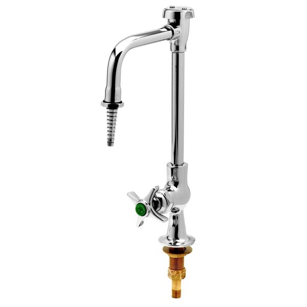 A silver T&S laboratory faucet with a green 4-arm handle.