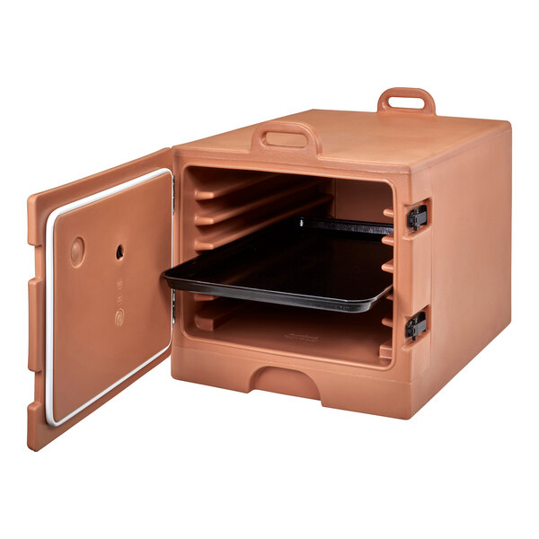 A brown plastic Cambro insulated tray and sheet pan carrier with a black tray inside.