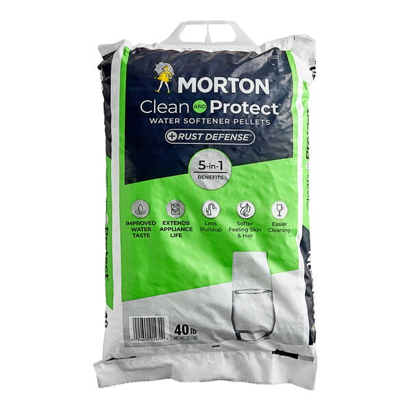 A white and blue bag of Morton Rust Remover Water Softening Pellets.