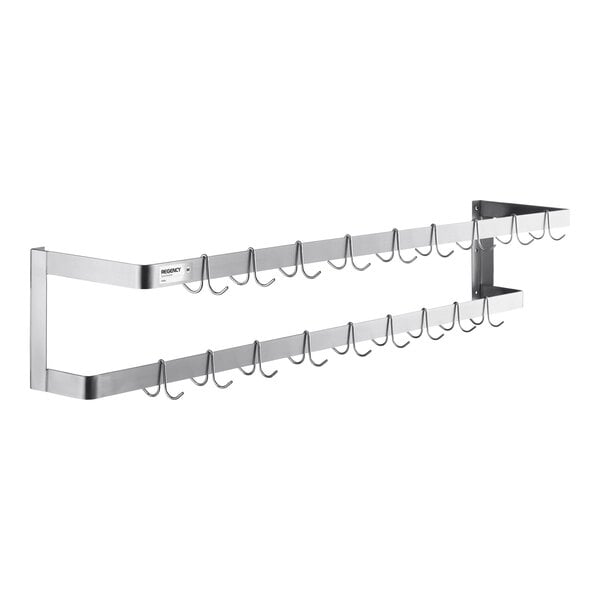 Regency 72" Stainless Steel Wall Mounted Double Line Pot Rack with 18 Galvanized Double Prong Hooks