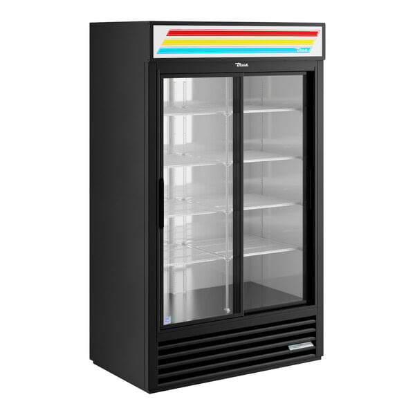 A black refrigerated sliding glass door merchandiser with LED lighting and multiple shelves.
