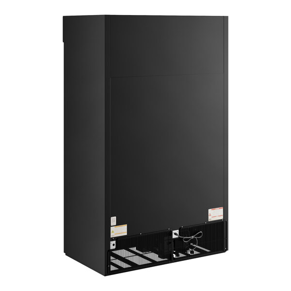 A black refrigerated sliding glass door merchandiser with LED lighting.