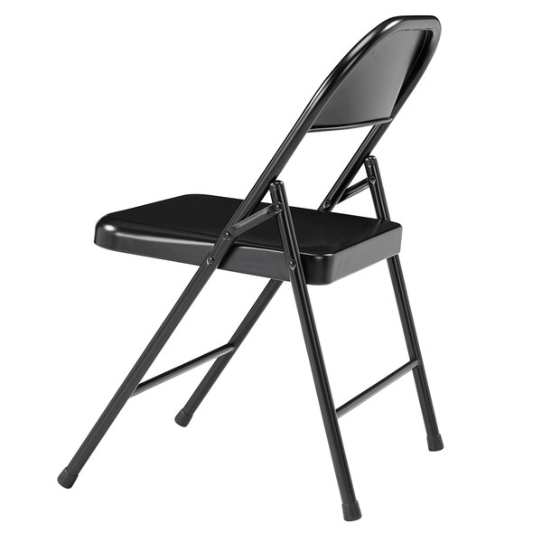 A National Public Seating black metal folding chair with a black seat.