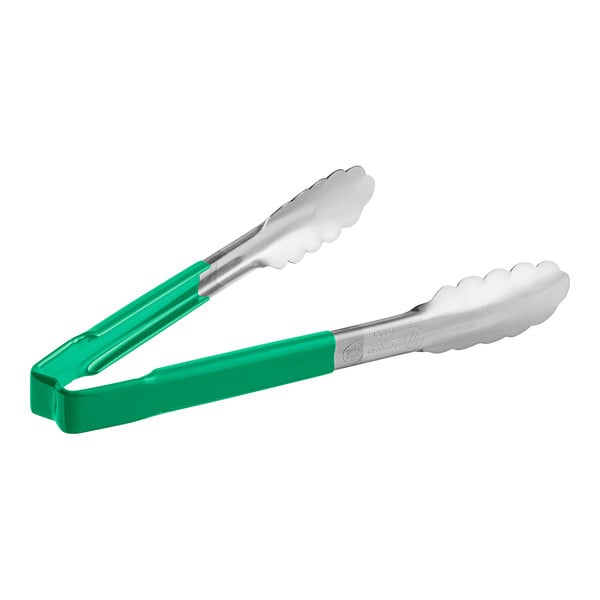 Two green and silver Vollrath Jacob's Pride stainless steel tongs with green Kool-Touch handles.