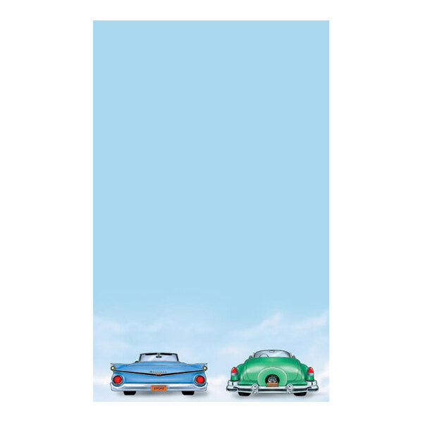Two vintage cars, one blue and one green, are illustrated from the rear at the bottom of a vertically oriented page with a blue sky background and ample blank space above.