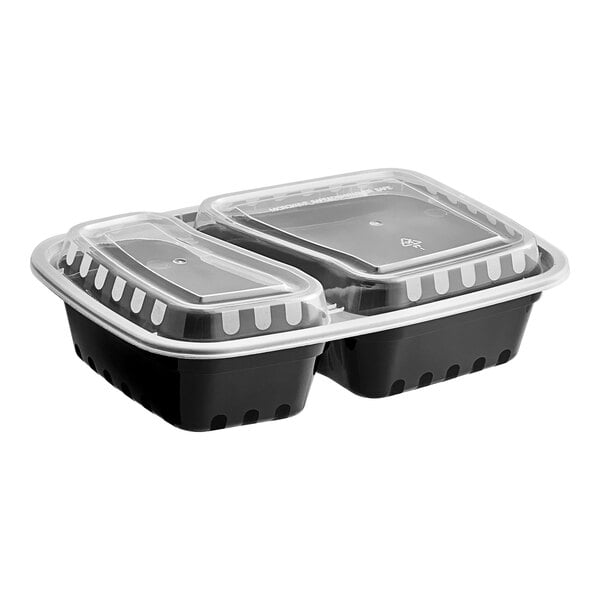 A black Choice rectangular microwavable container with clear lids containing two compartments.