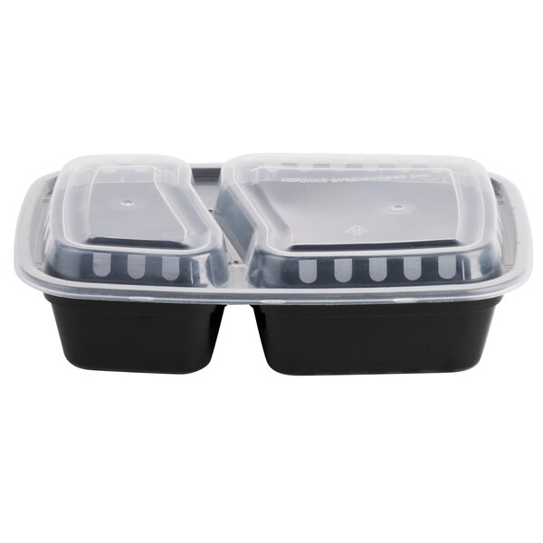 Choice 30 Oz Black 8 3 4 X 6 2 Compartment Rectangular Microwavable Heavy Weight Container With Lid 25 Pack