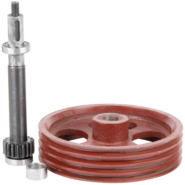 An Avantco Initiative Axle Assembly with a metal rod, red pulley, and metal nut.