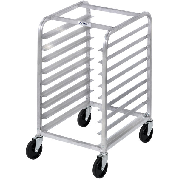 A Channel half height aluminum sheet pan rack with black wheels holding six sheet pans.