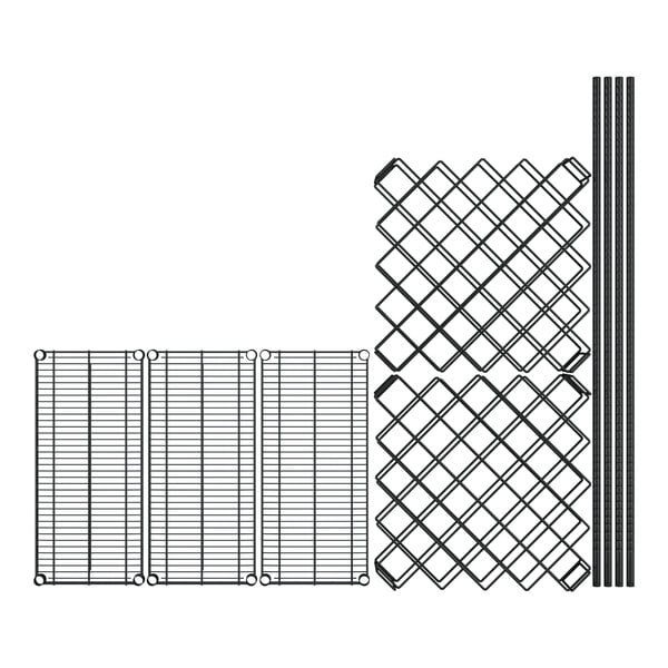 A black wire wine rack with several pieces of wire forming a grid.