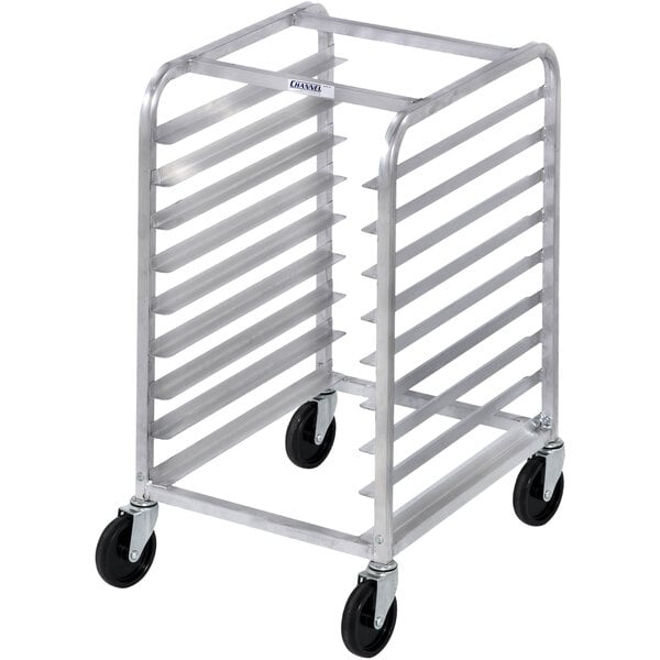 A Channel aluminum sheet pan rack with black wheels holding six sheet pans.