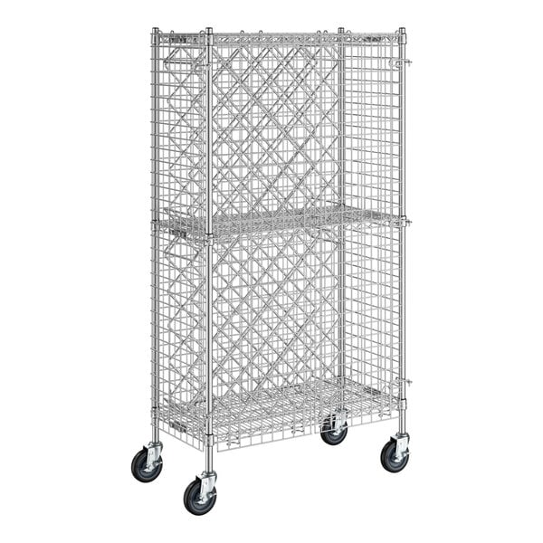 A Regency metal wire wine rack on wheels.