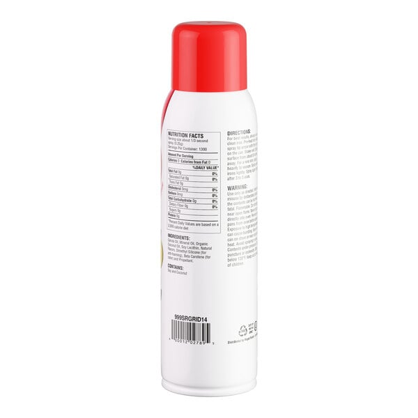 A white aerosol can with a red cap containing panini grill and waffle iron release spray.