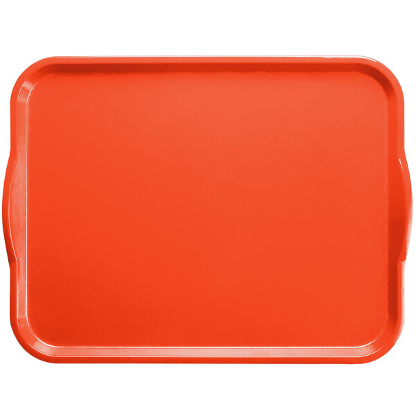 A red rectangular Cambro tray with handles.