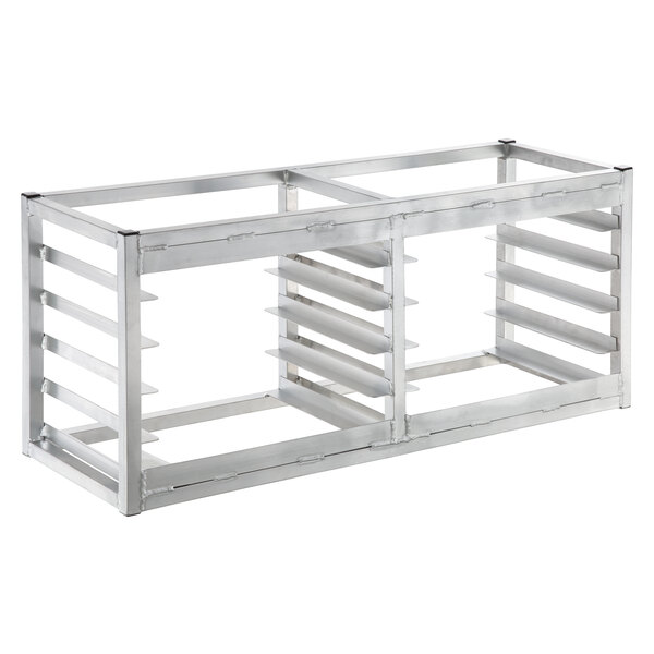 A Channel metal wall mount sheet pan rack with four shelves.