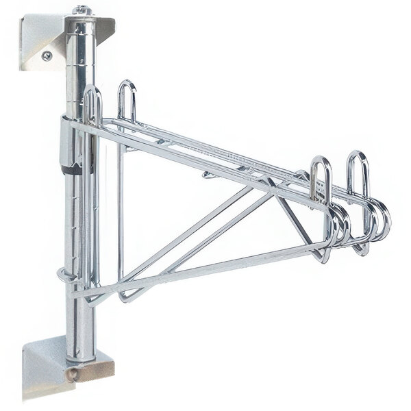 A chrome Metro wall mount for a shelf with two hooks.