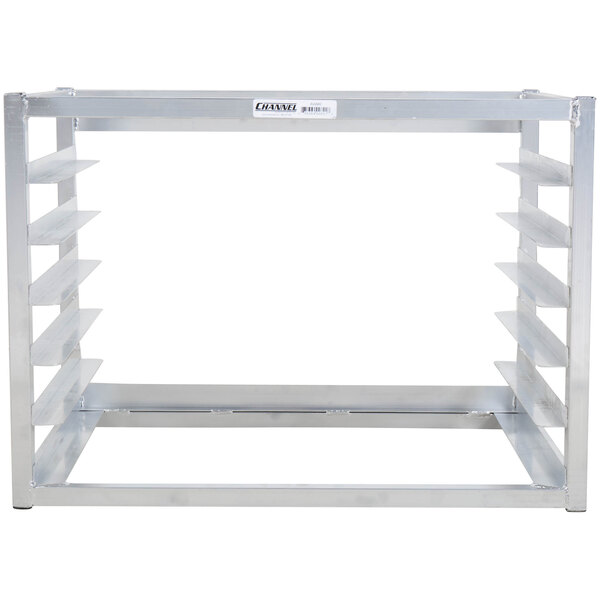 A Channel 6 pan side load wall mount sheet pan rack with shelves.