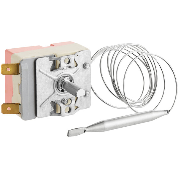 An Avantco thermostat with wires and a metal wire.