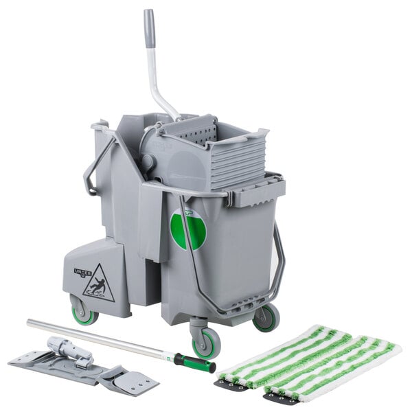 A white and grey Unger cylinder with green accessories.