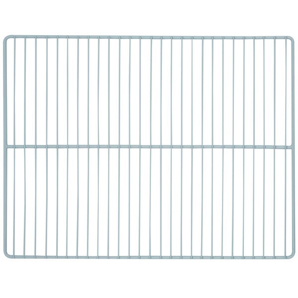 A gray coated wire shelf with clips and a metal grid on it.