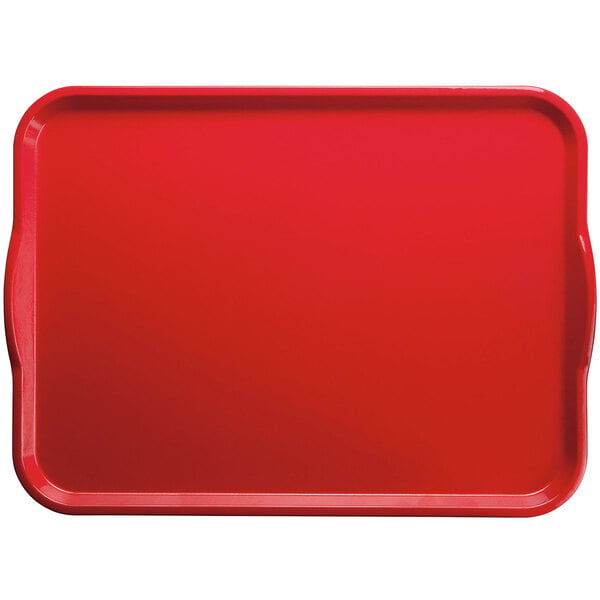 A red rectangular Cambro tray with handles.