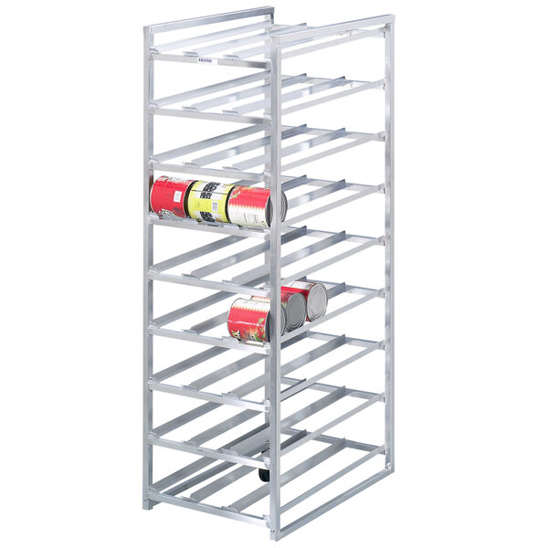 FOOD CAN STORAGE RACK / ROLLING / ALUMINUM / WITH CANS