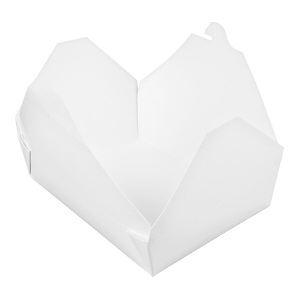 A white Bio-Pak paper take-out box with a lid.