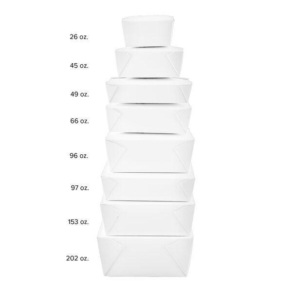 A stack of Fold-Pak Bio-Pak white paper take-out containers.