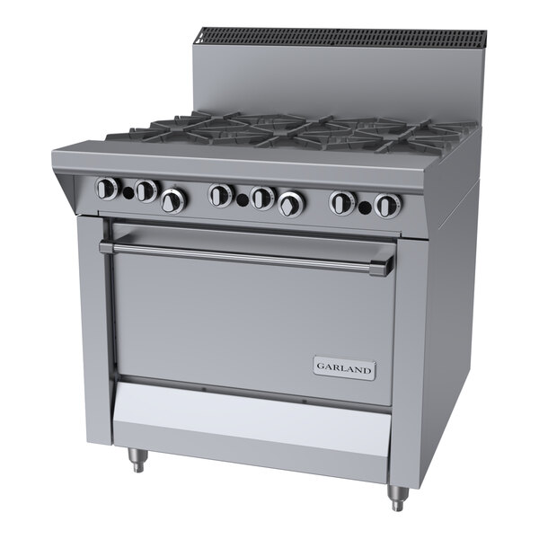 A commercial stainless steel 6-burner gas range with an oven, designed for professional kitchens.