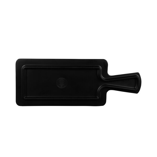 A black rectangular melamine serving board with a handle.