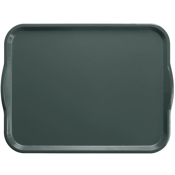 A close-up of a slate blue Cambro rectangular tray with handles.