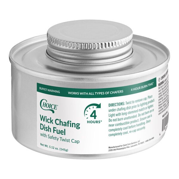 A metal canister of Choice 4 Hour Wick Chafing Dish Fuel with a safety twist cap.