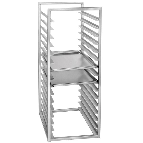 A Channel stainless steel sheet pan rack with trays on it.