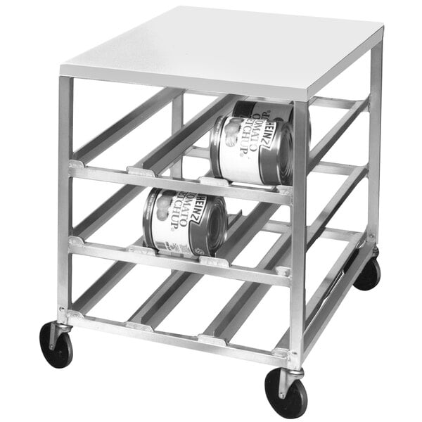 A half size mobile aluminum can rack with three shelves for holding large cans, shown with wheels and no top.