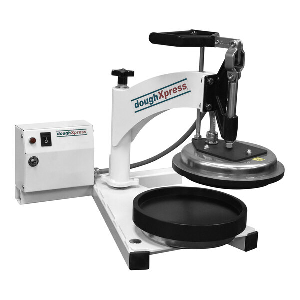 A white and black DoughXpress pizza dough press on a counter.