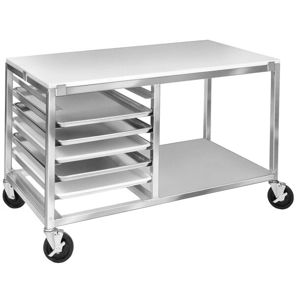 A Channel undercounter sheet pan rack with an open shelf on wheels holding trays.