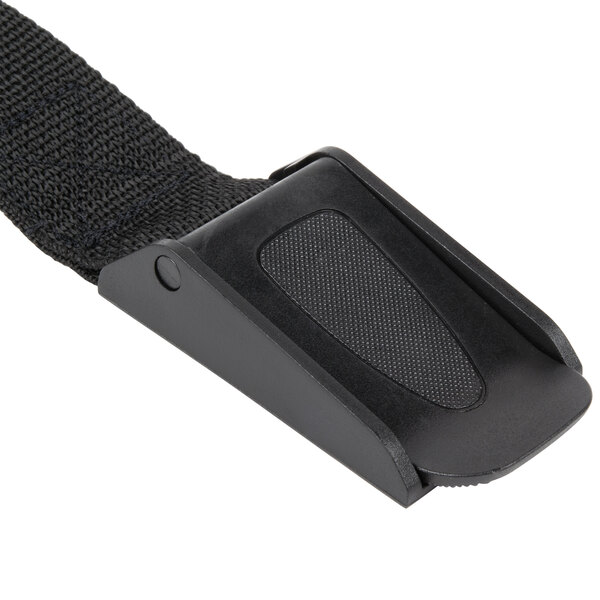 A black National Public Seating dolly strap with a black buckle.